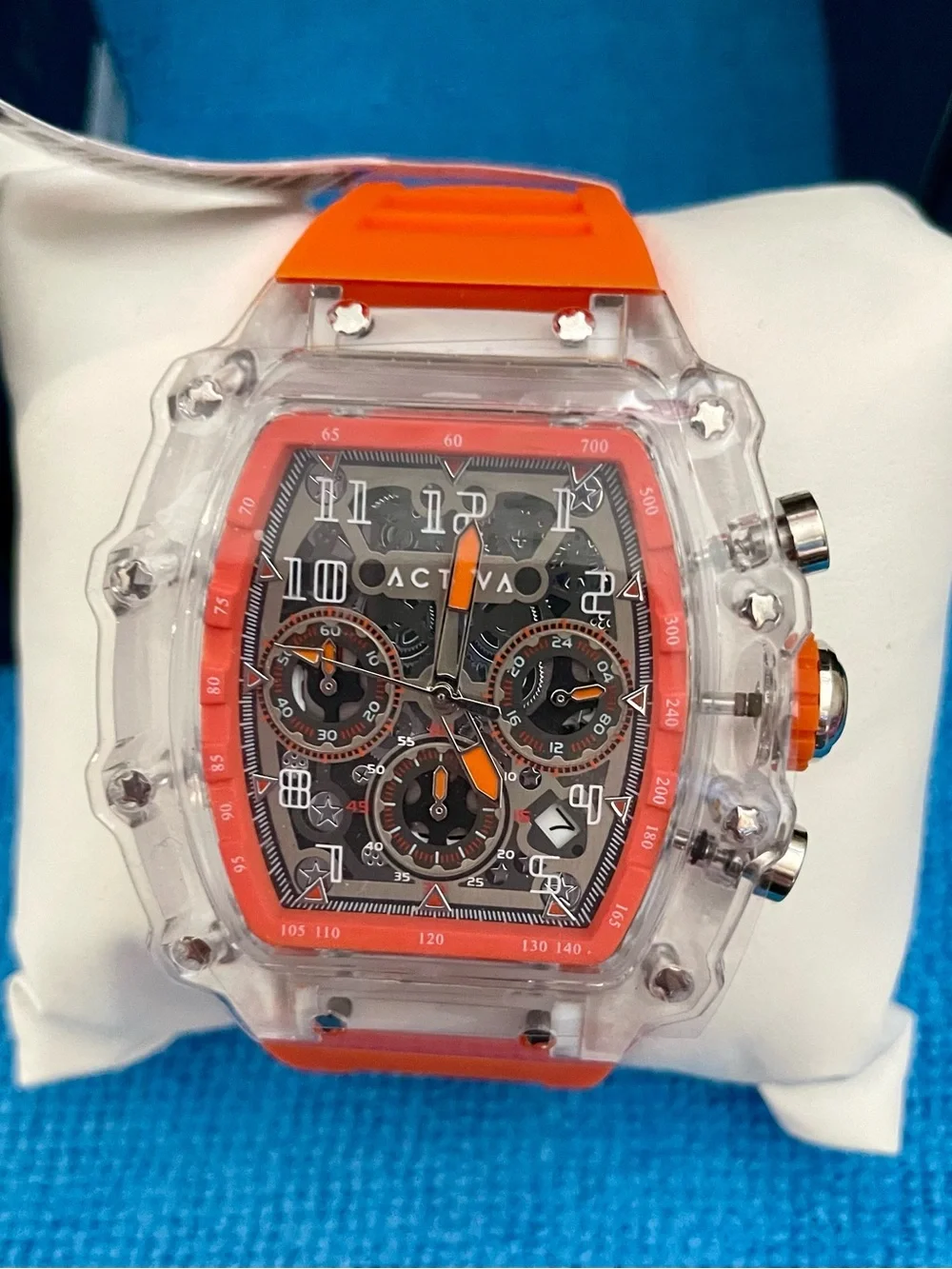 Men’s ACTIVA Orange Clear Case Chronograph Watch
